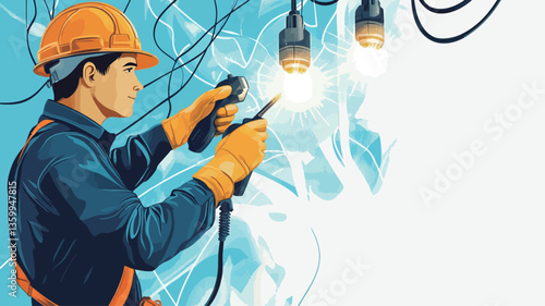 A stylized vector illustration depicting an electrician wearing a hard hat and safety gloves, working on electrical wiring. The electrician is shown from the waist up, actively engaged in the task.