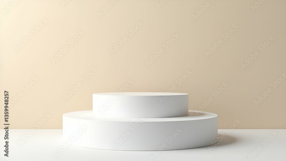 Stylish Two-Level Flat White Podium for Product Display on Beige Wall Stylish Two-Level Flat White Podium for Product Display on Beige Wall
