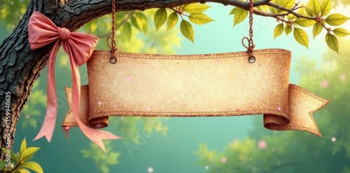 Vintage floral ribbon banner hanging from a tree branch, floral, outdoor
