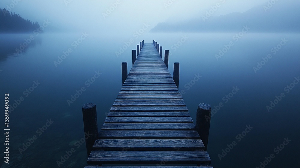 Obraz premium Misty morning view of a wooden pier extending into a calm lake shrouded in fog.