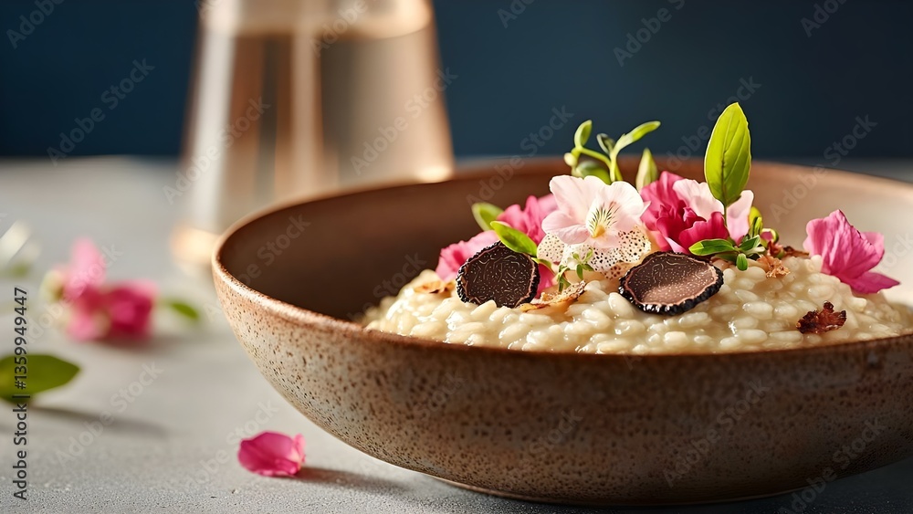 A bowl of risotto garnished with flowers, herbs, and slices of black truffle, presented elegantly on a table. Concept Gourmet Risotto Presentation, Edible Flower Garnish, Black Truffle Slices A bowl of risotto garnished with flowers, herbs, and slices of black truffle, presented elegantly on a table. Concept Gourmet Risotto Presentation, Edible Flower Garnish, Black Truffle Slices