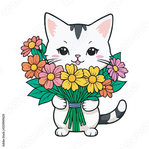 Cat with a bouquet of flowers in its paws Flat vector illustration Cheerful Cartoon Cat with Bouquet Adorable Caricature Charm Beautiful Realistic Pet Cat Vector Illustration Isolated on a White