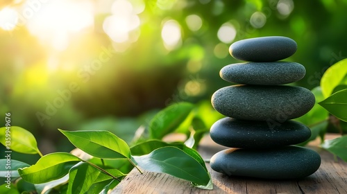 Harmonious Stack of Zen Stones on Wood.