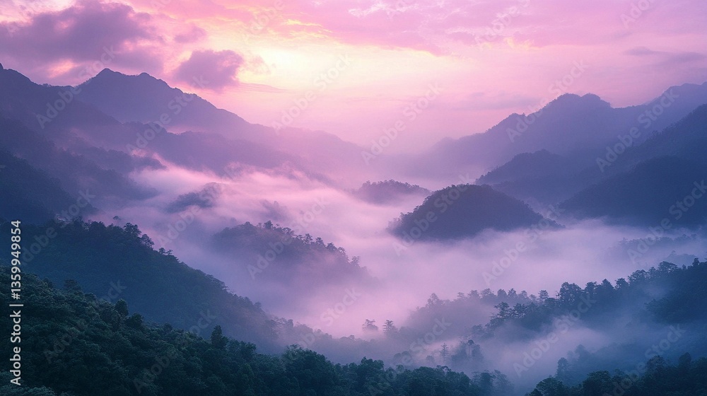 Fototapeta premium Misty mountain valley at sunrise, showcasing vibrant purple and pink hues in the sky and fog.