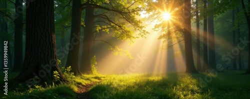 Wald scene with sunbeams illuminating branches, woodland, tree