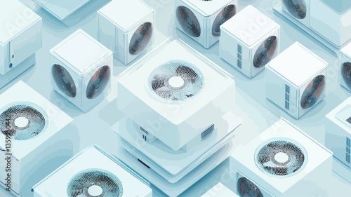 The image is a digital rendering showing a dense array of light blue, almost white, cubes. Each cube features a central circular detail, possibly representing a ventilation component or similar