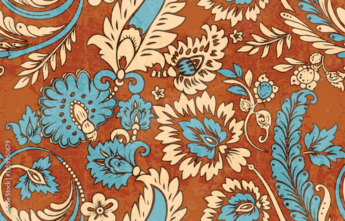 Abstract Paisley Traditional Scribble Style Hand Drawn Ikat Seamless Vector Pattern Trendy Fashion Colors Perfect for Allover Fabric Print or Wall Paper Damask Ethnic Concept Bright Orange White Tones