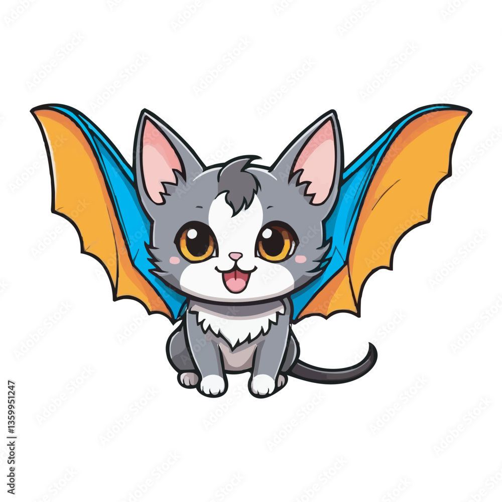 Obraz premium Cute Chibi White Bat with Wings and Big Eyes Adorable Cartoon Illustration. Adorable White Bat Cat Hybrid with Blue Wings Cute Cartoon Illustration on white background