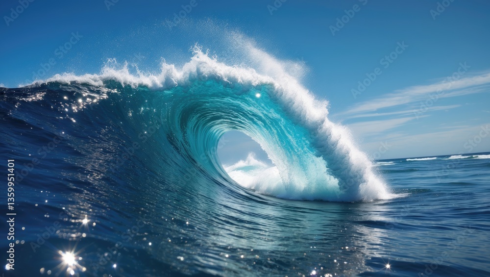 A stunning ocean wave rises and curls into a perfect heart shape, its crest glimmering with sunlight. Sparkling droplets surround it, and the deep blue of the ocean beautifully contrasts with the w...