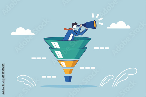 Marketing funnel sales prospect discovery, lead generation or Martech and analytics optimization, insight or customer data, conversion rate concept, businessman look binoculars in marketing funnel.
