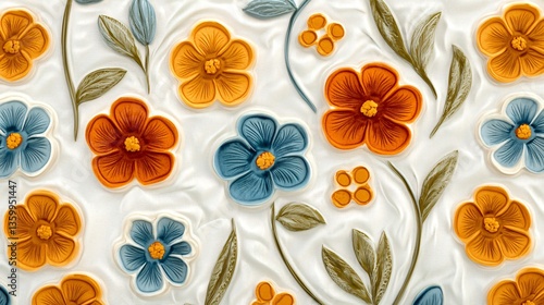 Floral relief on soft white surface. Orange, blue & golden flowers with olive leaves create gentle design