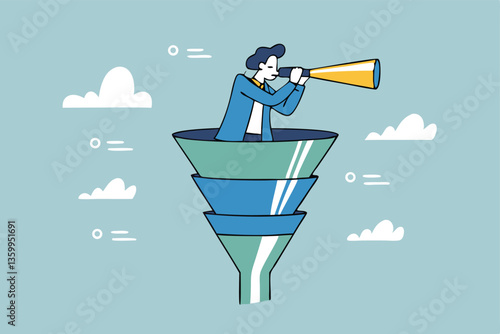 Marketing funnel sales prospect discovery, lead generation or Martech and analytics optimization, insight or customer data, conversion rate concept, businessman look binoculars in marketing funnel.