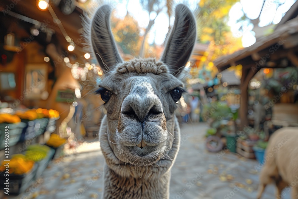 Naklejka premium A curious llama is looking directly towards the camera