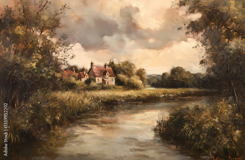 Fototapeta Naklejka Na Ścianę i Meble -  Rustic Riverside Retreat: A picturesque painting capturing a quaint cottage nestled amidst a serene riverside setting, embraced by nature's beauty and tranquility.