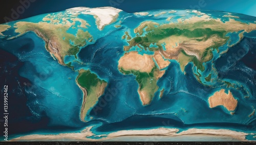 Fototapeta Naklejka Na Ścianę i Meble -  A world map featuring flat relief. An accurate satellite representation of the entire world. A panoramic view of the planet showcasing water and surface textures. Theme of the globe and planisphere...