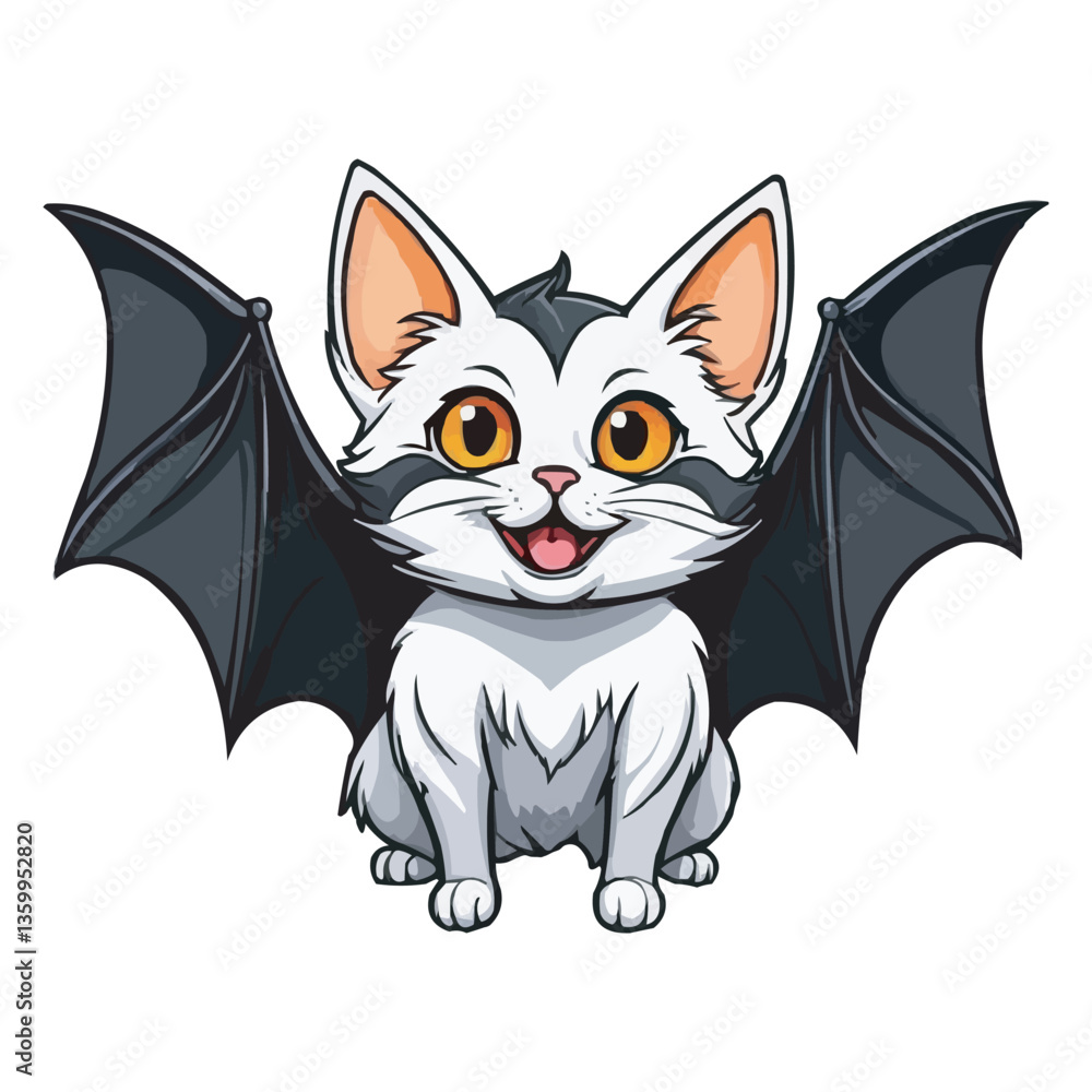 Obraz premium Cute Chibi White Bat with Wings and Big Eyes Adorable Cartoon Illustration. Adorable White Bat Cat Hybrid with Blue Wings Cute Cartoon Illustration on white background