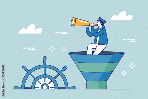 Marketing funnel sales prospect discovery, lead generation or Martech and analytics optimization, insight or customer data, conversion rate concept, businessman look binoculars in marketing funnel.