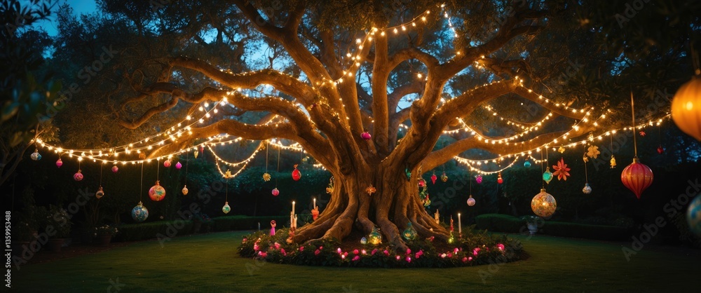 Fototapeta premium Tree adorned with lights hanging from its branches and decorative ornaments to illuminate the night in the garden.