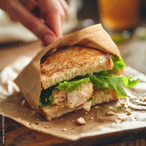 Wallpaper Mural Freshly made sandwich with chicken and lettuce served on rustic wooden table Torontodigital.ca