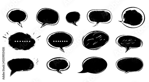 Hand-drawn speech bubble set. Grunge vector illustration with chalk, charcoal, and watercolor textures. Comic-style dialogue and chat icons with abstract shapes.