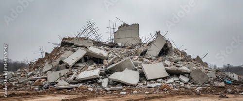 The ruins of a destroyed building set against a white backdrop. Shards of concrete walls, steel reinforcement, and pieces of cement. Concept of building demolition or collapse.