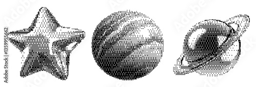 Grunge bitmap hearts and chrome texture star on a Planet Mars Saturn Space background