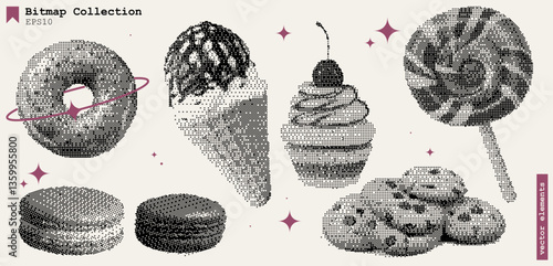 Sweet Candy Collage Bitmap Set with Cookies Ice Cream Muffins Macaroons and Cherry Dessert Retro Halftone Food Art Texture.Web