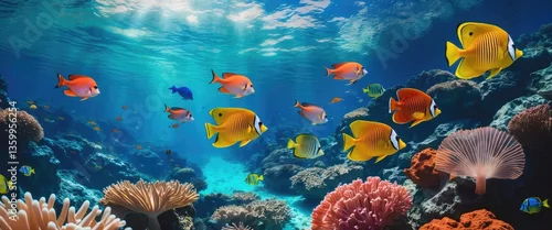 Panel kuchenny z motywem Tropical sea underwater fish on coral reef. Colorful marine panorama landscape of aquarium wildlife for snorkeling and diving.