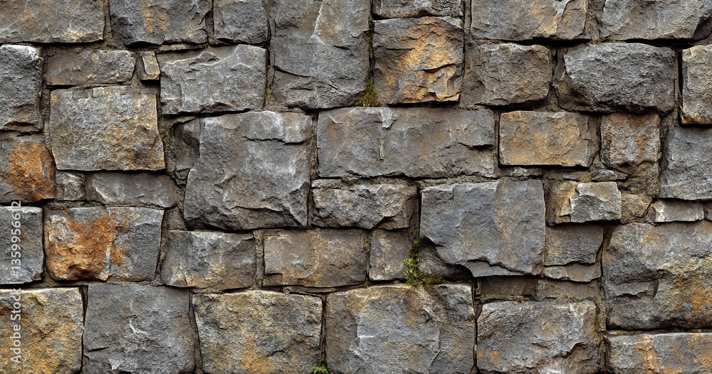 Fototapeta premium A close-up view of a stone wall made of variously shaped and colored stones, showcasing a rustic and textured appearance.