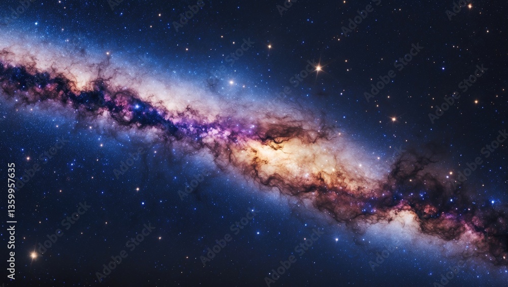 Fototapeta premium A distant Milky Way and stars are visible in the night sky.