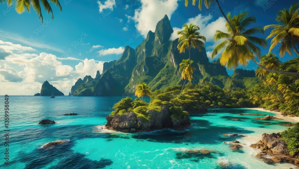 Fototapeta premium Tropical island in the ocean panoramic nature view.