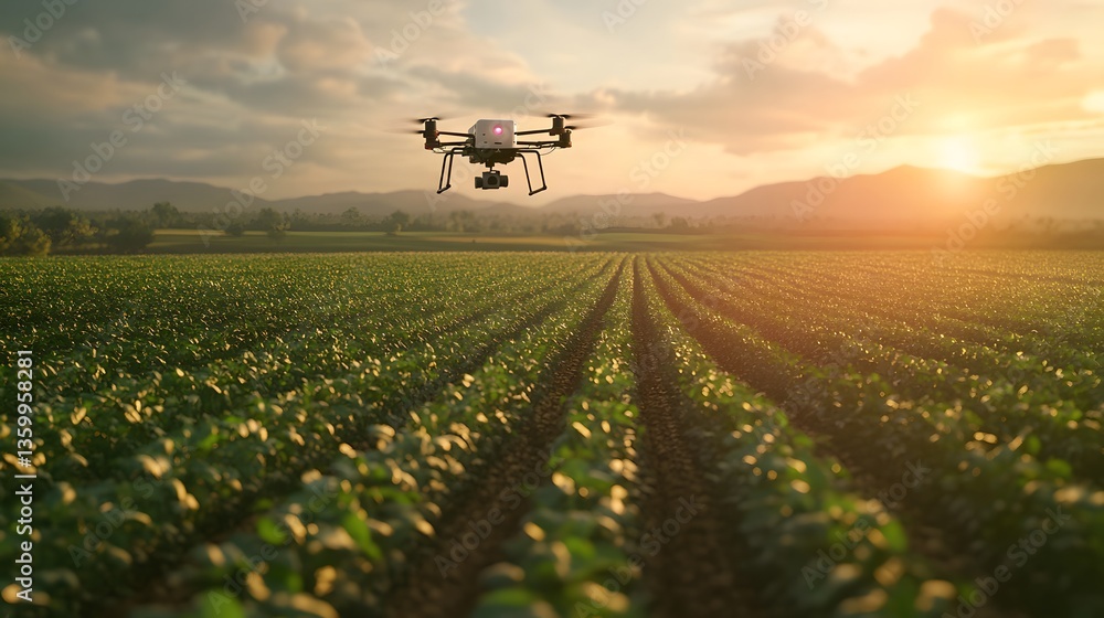 Drone flying over serene agricultural landscape showcasing lush green fields and vibrant crop patterns below Drone flying over serene agricultural landscape showcasing lush green fields and vibrant crop patterns below