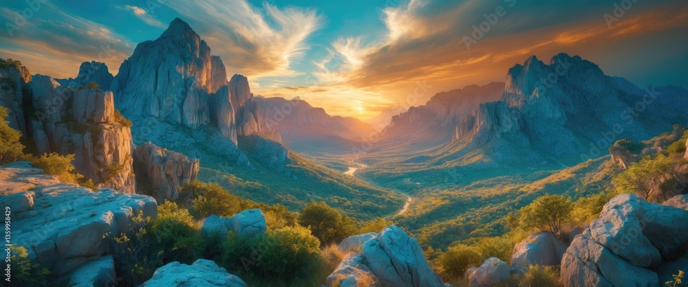 Stunning landscape. Breathtaking scenic view of beautiful nature. Rocks, stones, mountains, cloudy sky, vibrant. Highly frequented travel destination. Travel, explore, discover, enjoy.