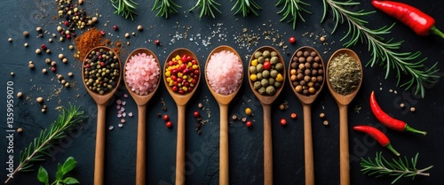 Fototapeta Naklejka Na Ścianę i Meble -  Assortment of herbs and spices in wooden spoons on a black rustic background from a top view. Vertical banner for spices.
