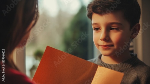 Young Boy Gazing Thoughtfully at Orange Paper in a Cozy Living Room Filled with Natural Light