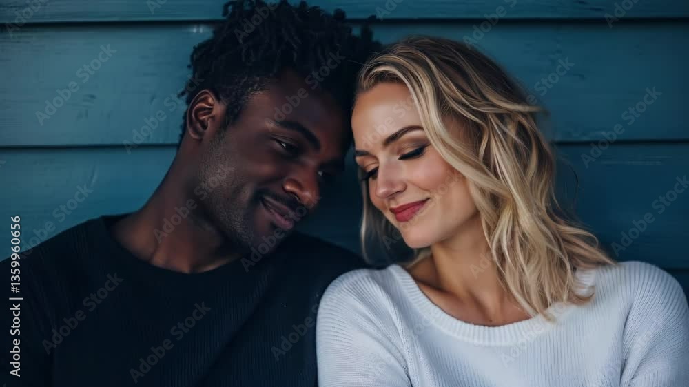 Couple enjoys intimate moment together while relaxing against a blue wooden backdrop during a sunny afternoon Couple enjoys intimate moment together while relaxing against a blue wooden backdrop during a sunny afternoon
