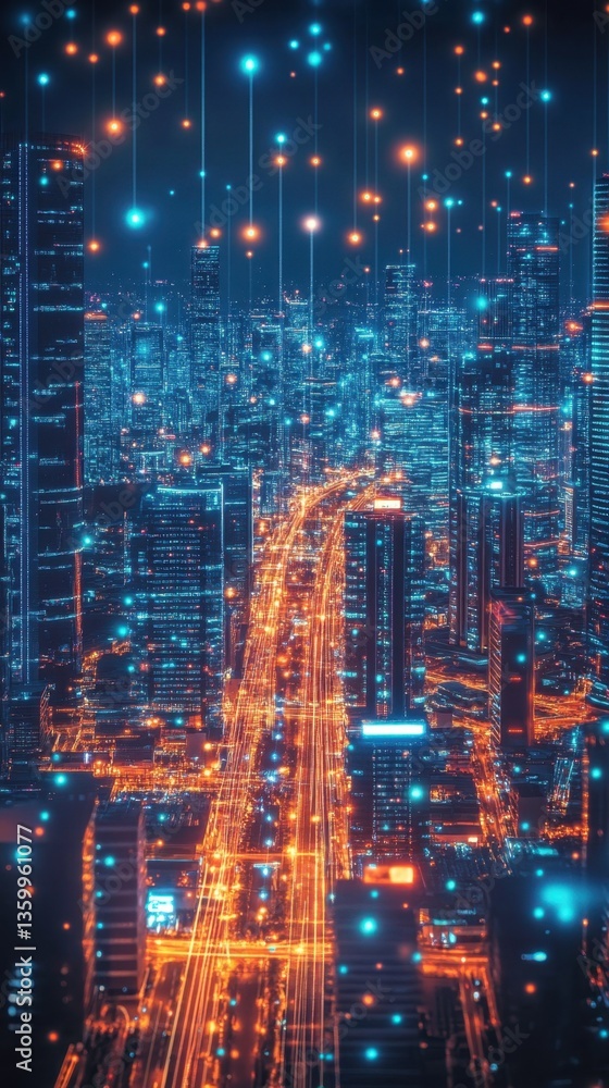 Futuristic city skyline illuminated with vibrant lights and a digital overlay of data. Futuristic city skyline illuminated with vibrant lights and a digital overlay of data.