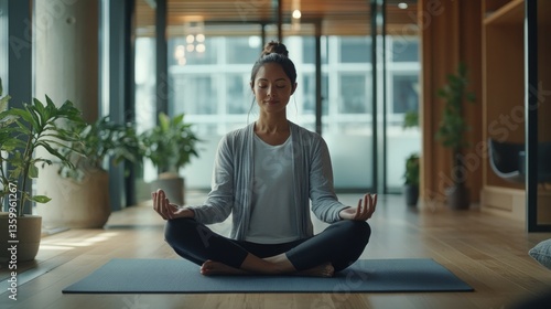 Young Woman Meditating on Yoga Mat in Modern Indoor Space Surrounded by Plants and Natural Light Free Download Young Woman Meditating on Yoga Mat in Modern Indoor Space Surrounded by Plants and Natural Light - GFXLoad