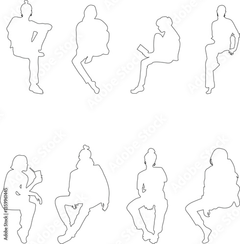 Linear silhouettes of seated people, designed for use in architectural plans, sections, and layouts.	
