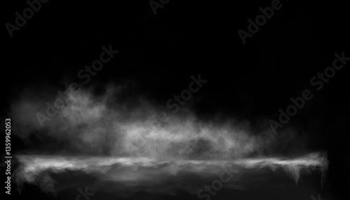 Night water with fog, magical glow of neon light above the water surface, night scene.
