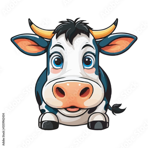 Cute Cartoon Cow with Black and White Spots on White Background. Adorable Cartoon Cow Illustration Kawaii Cow Drawing. Adorable Cartoon Cow Artwork. Cute Farm Animal Design