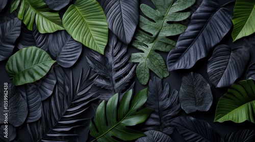 Wallpaper Mural A flat lay composition of various dark green and black tropical leaves beautifully arranged on a sleek black background for dramatic visual impact. Torontodigital.ca