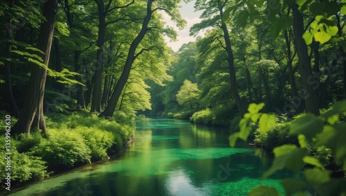 Among the foliage flows a woodland river. Scenery of the river.