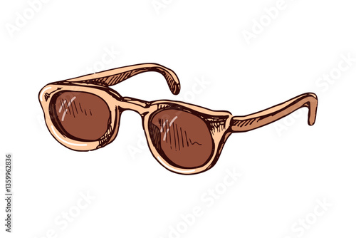 Vintage hand drawn sketch of brown sunglasses in summer travel style