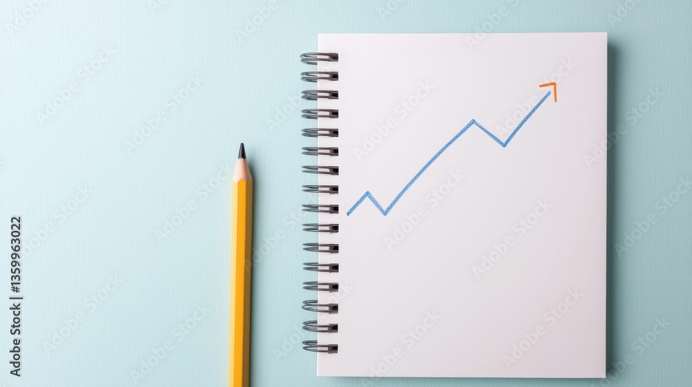A blank notepad with a pencil beside it, featuring a blue upward trend line with an orange arrow, suggesting growth and progress. A blank notepad with a pencil beside it, featuring a blue upward trend line with an orange arrow, suggesting growth and progress.