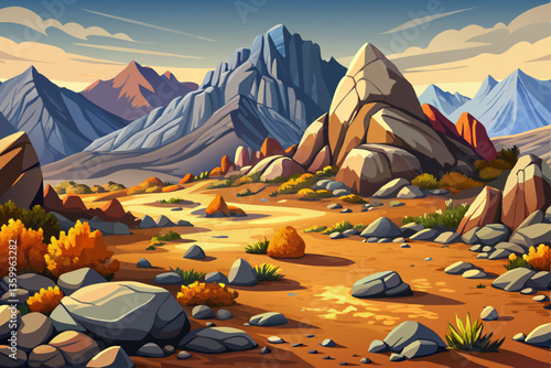 landscape of hot desert hill with rocks and mountains illustration cartoon