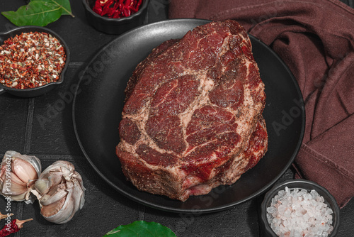 Photos Fresh raw meat, steak preparation concept