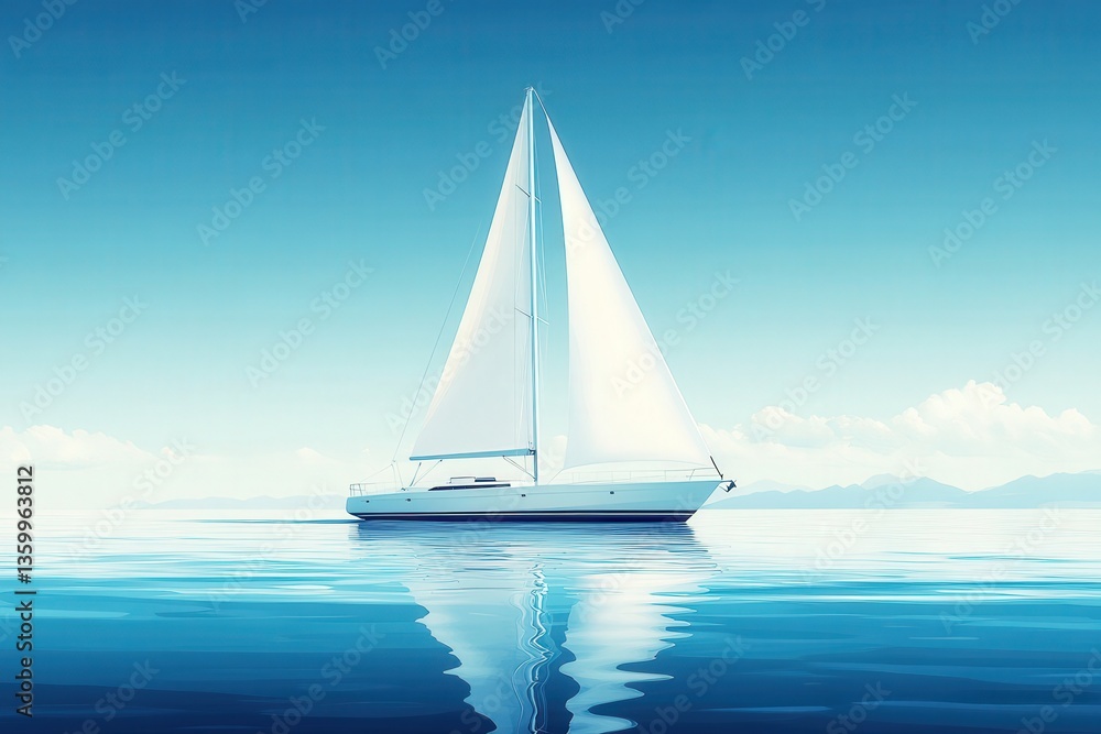 Fototapeta premium Sleek white sailboat gliding smoothly across calm blue waters under a clear sky at midday