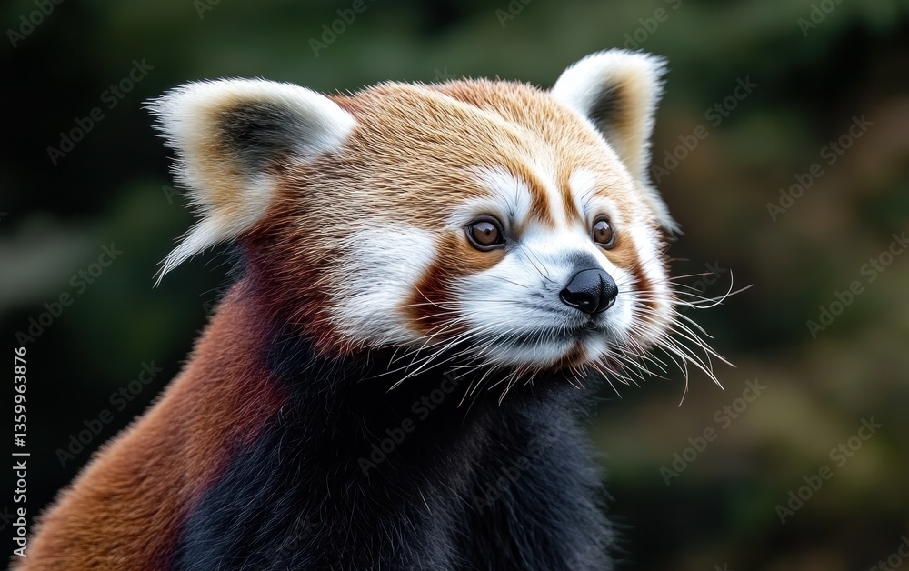 Close-up portrait of a red panda, its reddish-brown fur speckled with white, against a blurred green background. The animal's expression is calm and contemplative Close-up portrait of a red panda, its reddish-brown fur speckled with white, against a blurred green background. The animal's expression is calm and contemplative