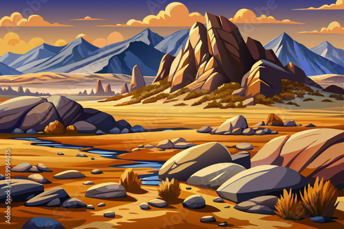 landscape of hot desert hill with rocks and mountains illustration cartoon